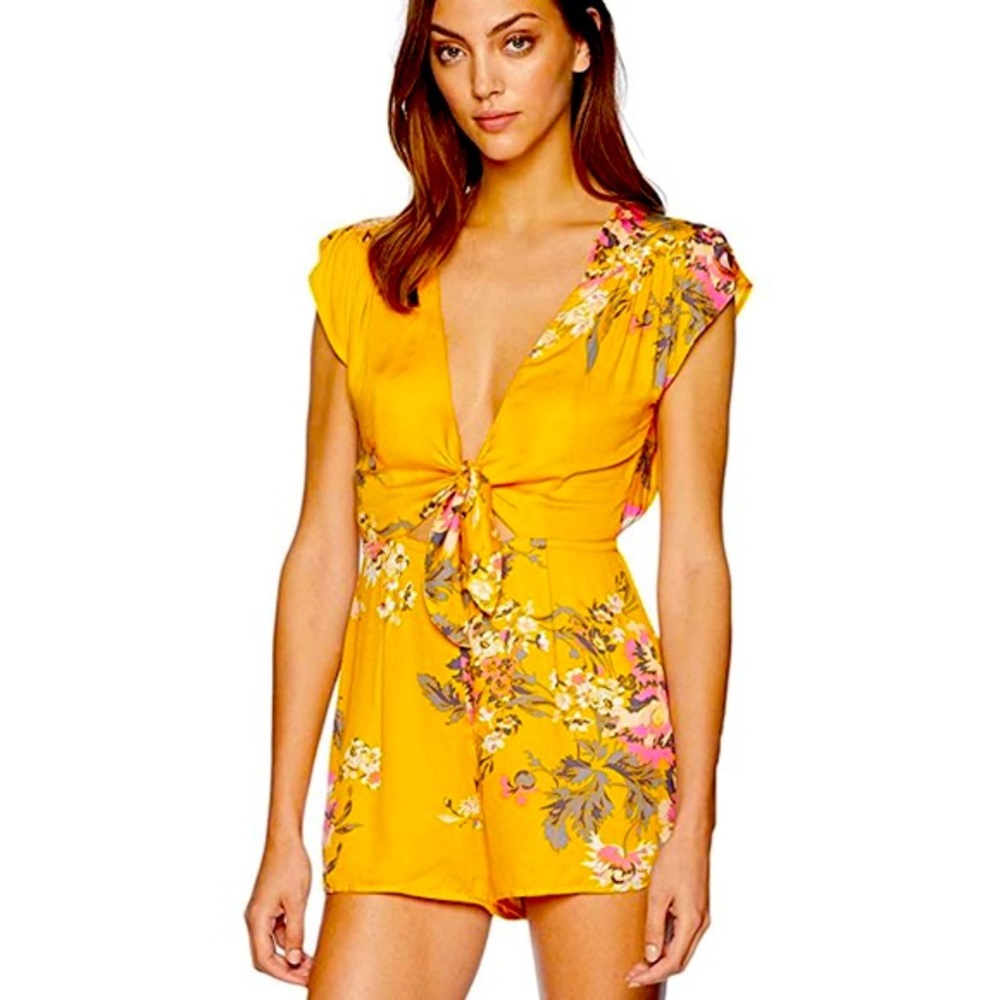 Minkpink Yellow Floral Front Tie Romper
